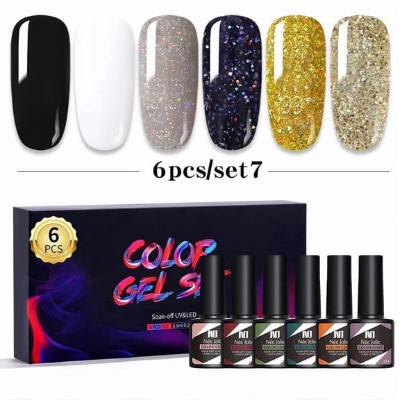 Teetheory 6-Color Gel Nail Polish Set,  Sparkle Nail Supplies Nail Art DIY, Soak Off UV LED Nail Glue Manicure Kit, Color Gel for Women & Girls