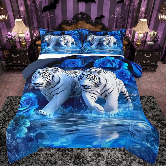 Castle Fairy Tiger Animal Bedding Comforter Set 2pcs for Kids Teens Adults,Jungle Wildlife Twin Comforter Sets Microfiber,Floral Flower Rose Breathable Bedding Set,Luxury Bedroom Decor,Reversible