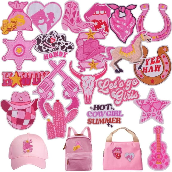 20pcs Western Cowgirl Iron on Patches Pink Series Preppy Embroidered Sew on Applique Repair Patch DIY Craft Aesthetic Accessories for Women Clothing Backpacks Hats Jackets Jeans Decor