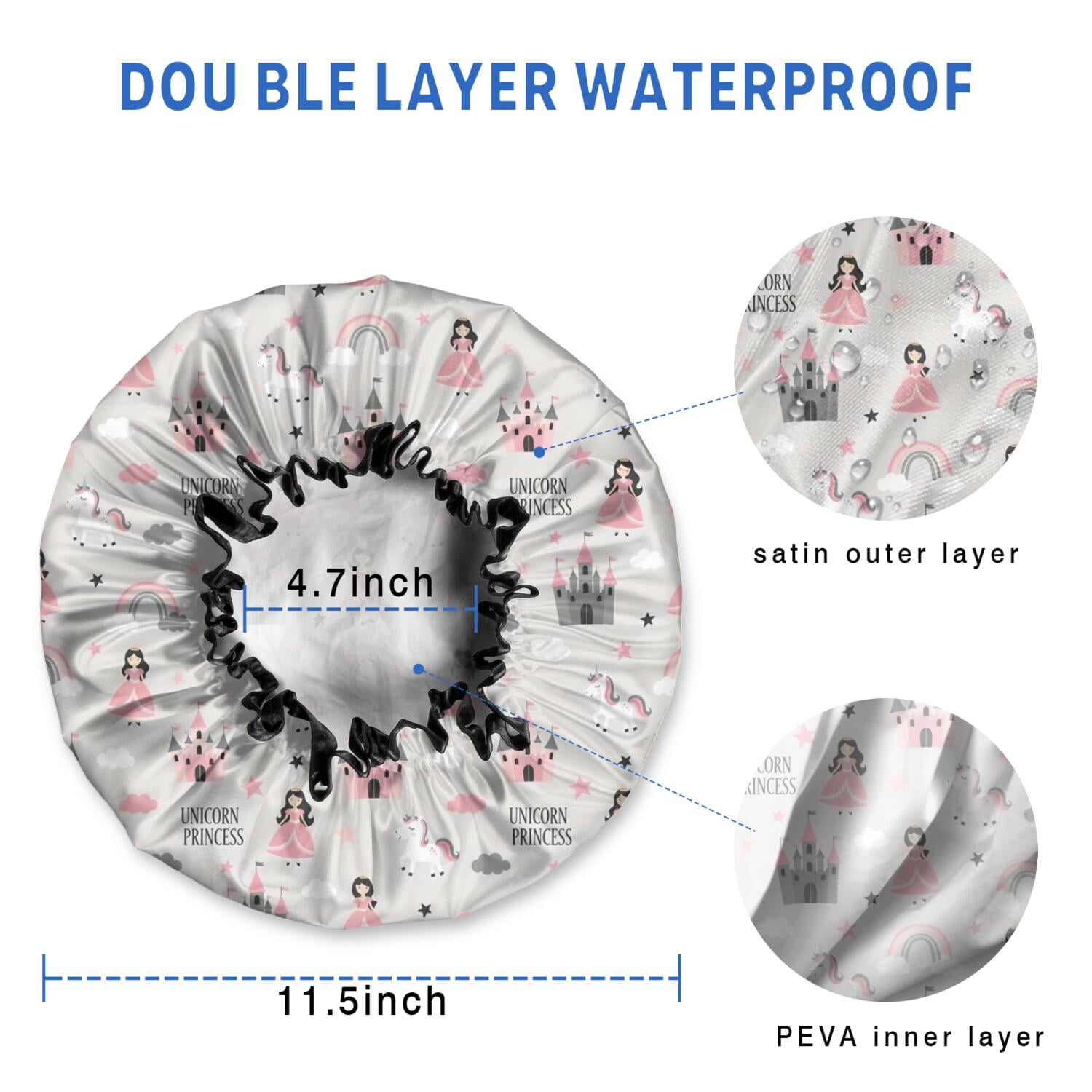 Shower Caps,Unicorn Princess Castle Pattern Waterproof Shower Cap for Women 4 Pieces,Double Reusable Hair Cover for Shower PEVA Elastic Stretch Hem