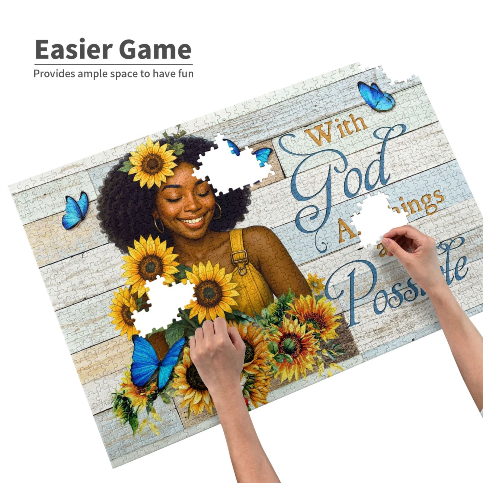 African American Inspirational 1000 Pieces Jigsaw Puzzles Black Queen Motivational Jigsaw Puzzles Black Women Sunflower with God All Things Are Possible