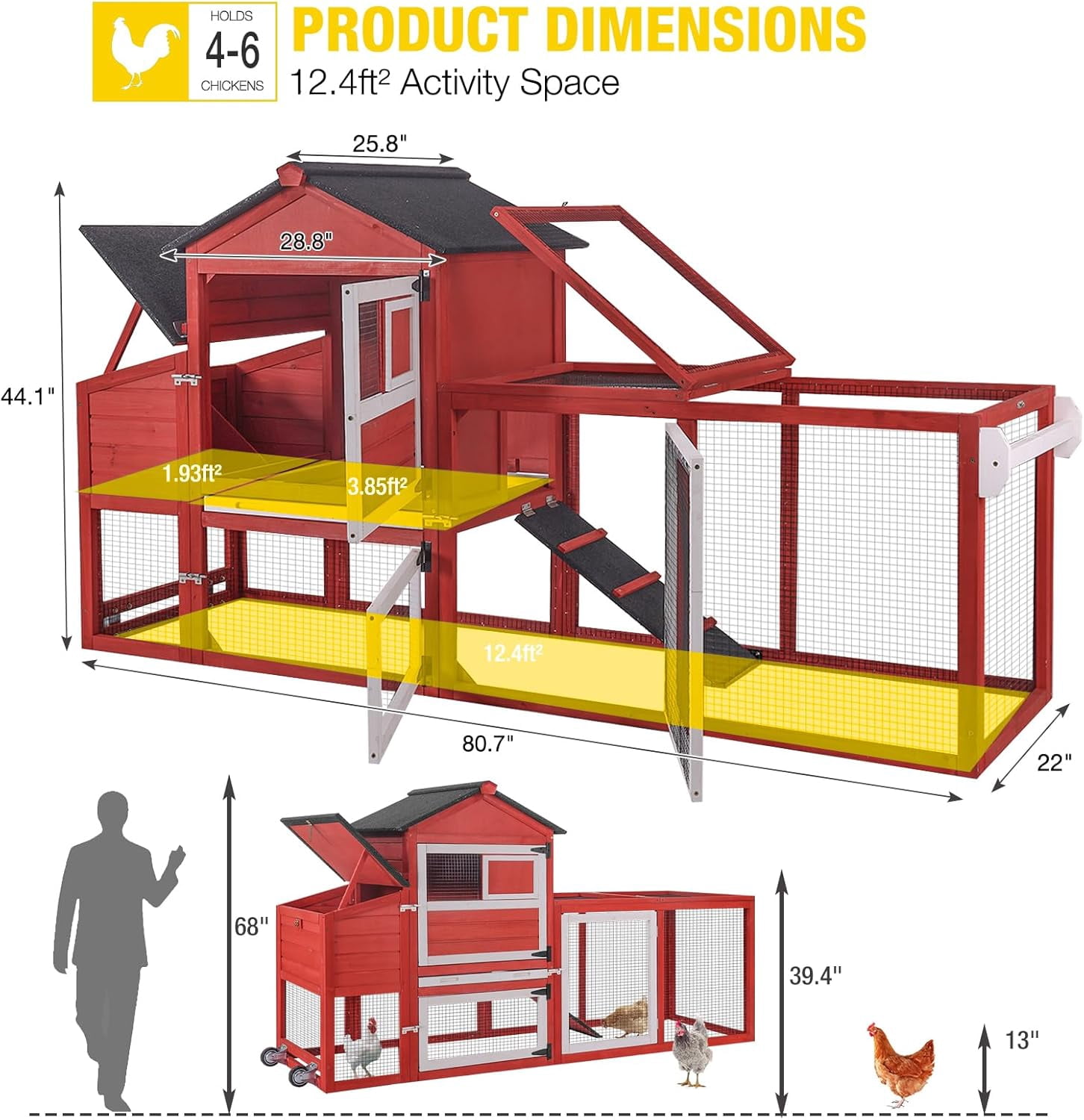 Aivituvin Large Chicken Coop with Wheels  82.4" L Outdoor Hen House with Run Nesting Box for 4-6 Chickens, Mobile Chicken House Portable Duck Coop Red