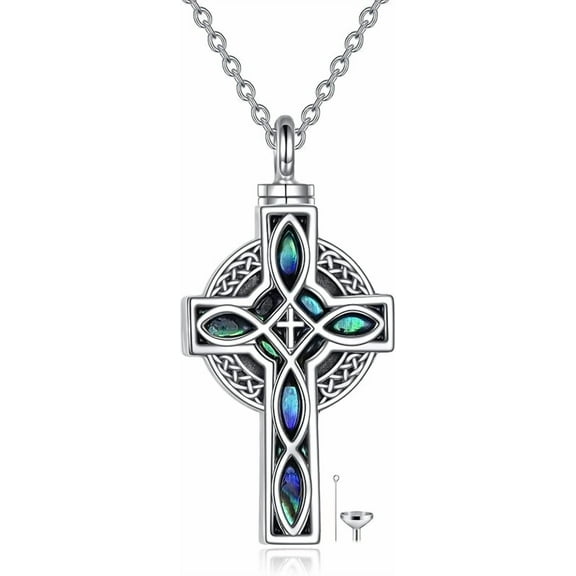 Celtic Cross Urn Necklace Sterling Silver Celtic Knot Ashes Pendant Abalone Shell Cross Cremation Jewelry Gifts for Women Men