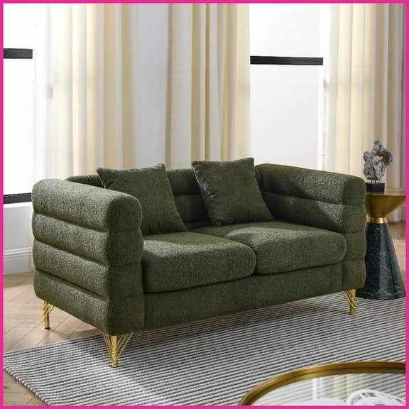 60 Inch 2-Seater Teddy Fabric Sectional Sofa - Modern Streamline Style with 2 Pillows for Living Room & Bedroom