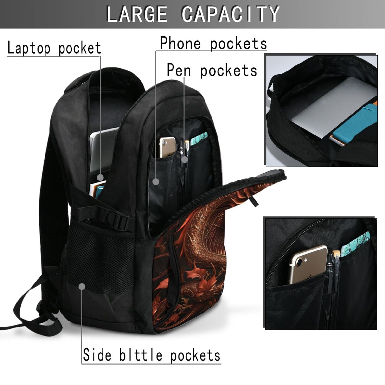 Golden Chinese Dragon Red Art Laptop Backpack with USB Charging Headphone Port Casual Daypack Bag College Business Travel