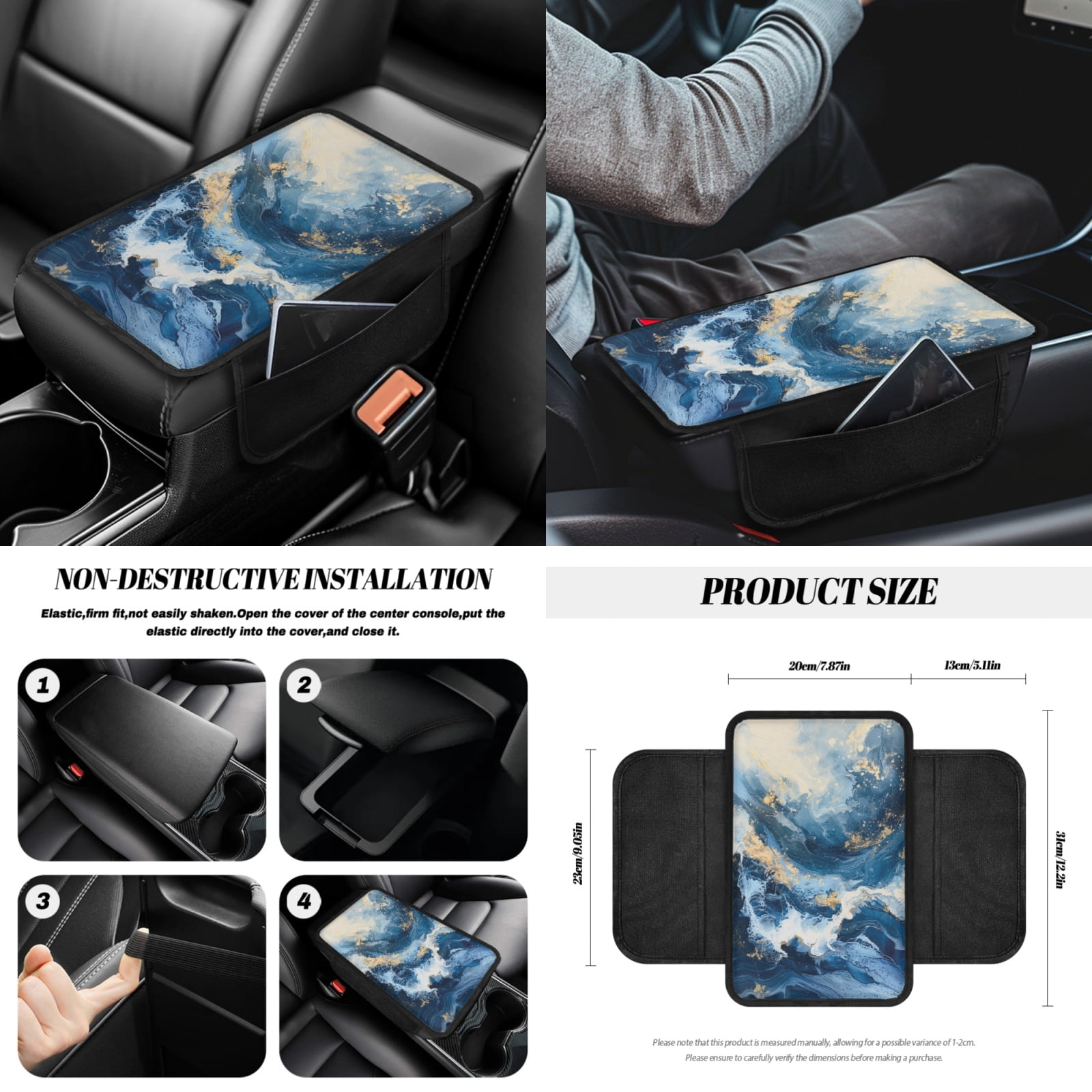Yuyamidu 14 Piece Blue Marble Print Car Seat Cover Set with Steering Wheel Cover Seat Belt Strap Cover Garbage Bin Armrest Cover Rearview Mirror Cover Coaster Gear Shift Knob Cover Set Fit SUV Sedan