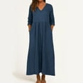 thumbnail image 1 of TIMIFIS Robes d'Été pour Femmes Couleur Unie Col en V Manches 3/4 Longue Robe Décontractée Coupe Ample Taille Haute Maxi Fluide avec Poches, 1 of 7