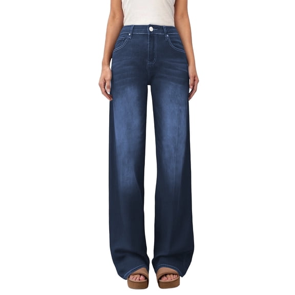 Straight Leg Jeans for Women Stretchy Elastic Waist Pull on Pants Loose Denim Pants Trendy 2025