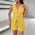 thumbnail image 2 of Arlun Women's Summer 2 Piece Sets Dressy V-Neck Sleeveless Slim Fit Vest Matching Drawstring Shorts Trendy Solid Color Simple Stylish Two Piece Outfits with Back Tie Design Yellow XL, 2 of 5
