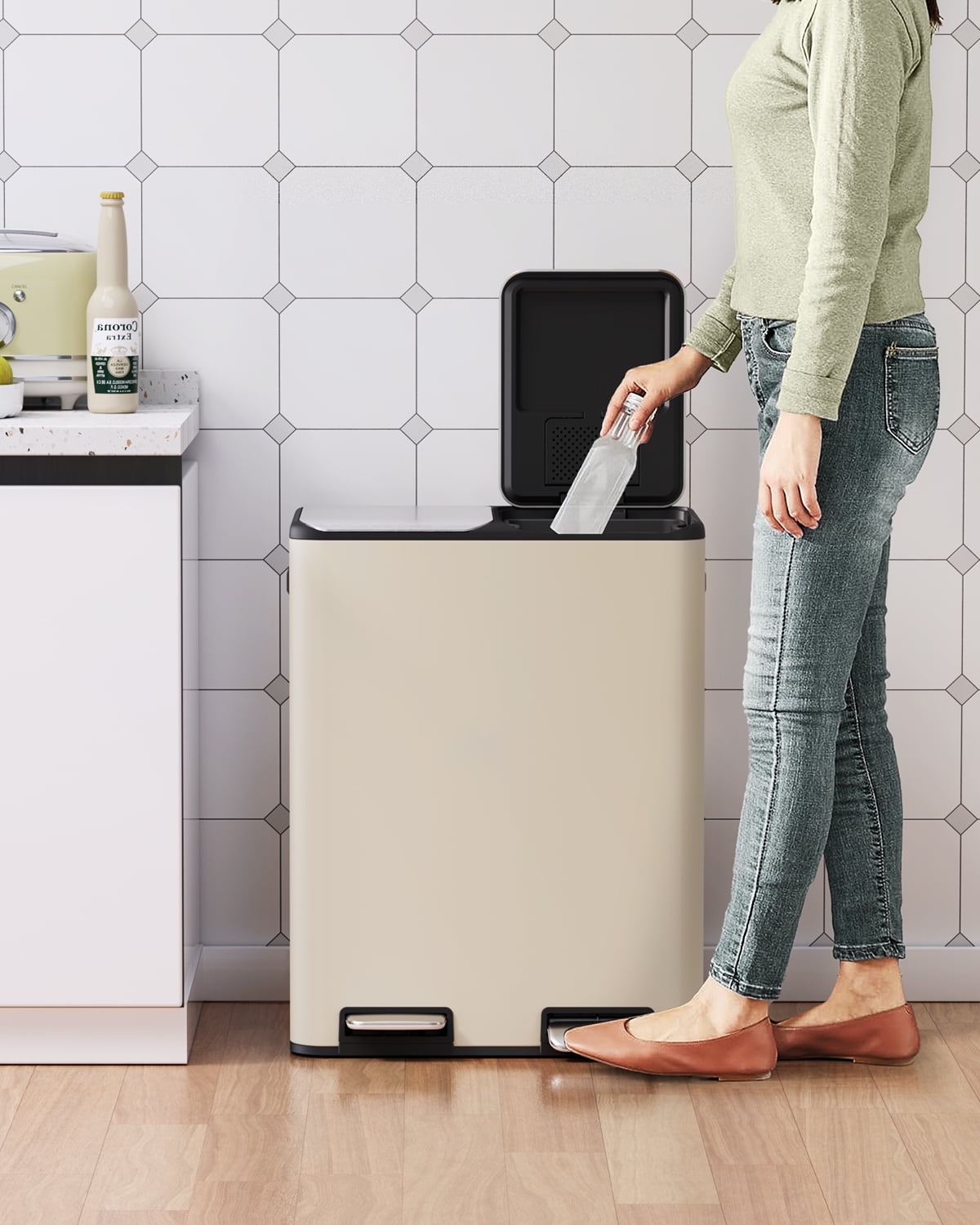 TLSUNNY 16 Gal Dual Trash Can, Stainless Steel Step Kitchen Garbage Bin, Recycle Dustbin with Odor Control Box, Inner Buckets, for Home Office