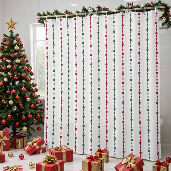 Christmas Shower Curtains for Bathroom, Simple Xmas Abstract Red Green Dots Stripes Waterproof Fabric Shower Curtain, Decorative Bathroom Curtain for Bathtub, 72"x84", No Hooks Included