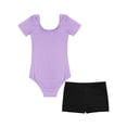 thumbnail image 3 of Yanarno 2 Piece Gymnastics Outfits for Girls Short Sleeve Ballet Dance Leotard Kids Biketard Unitard Lavender&Black 8, 3 of 5