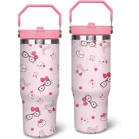 Cartoon Hello Pink Cat 30oz Tumbler with Handle Cute Kawaii Water Bottle for Girl Women Stainless Steel Insulated Travel Coffee Cup with Straw and Lid
