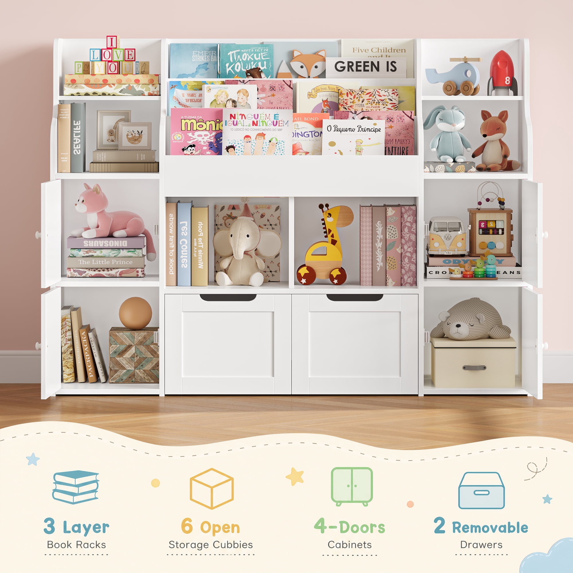 Homfa 4 Doors Kids Bookcase with 3 Tier Book Racks & 2 Mobile Drawers, 4 Cube Bookshelves Toy Storage Organizer for Playroom Kids Room, White