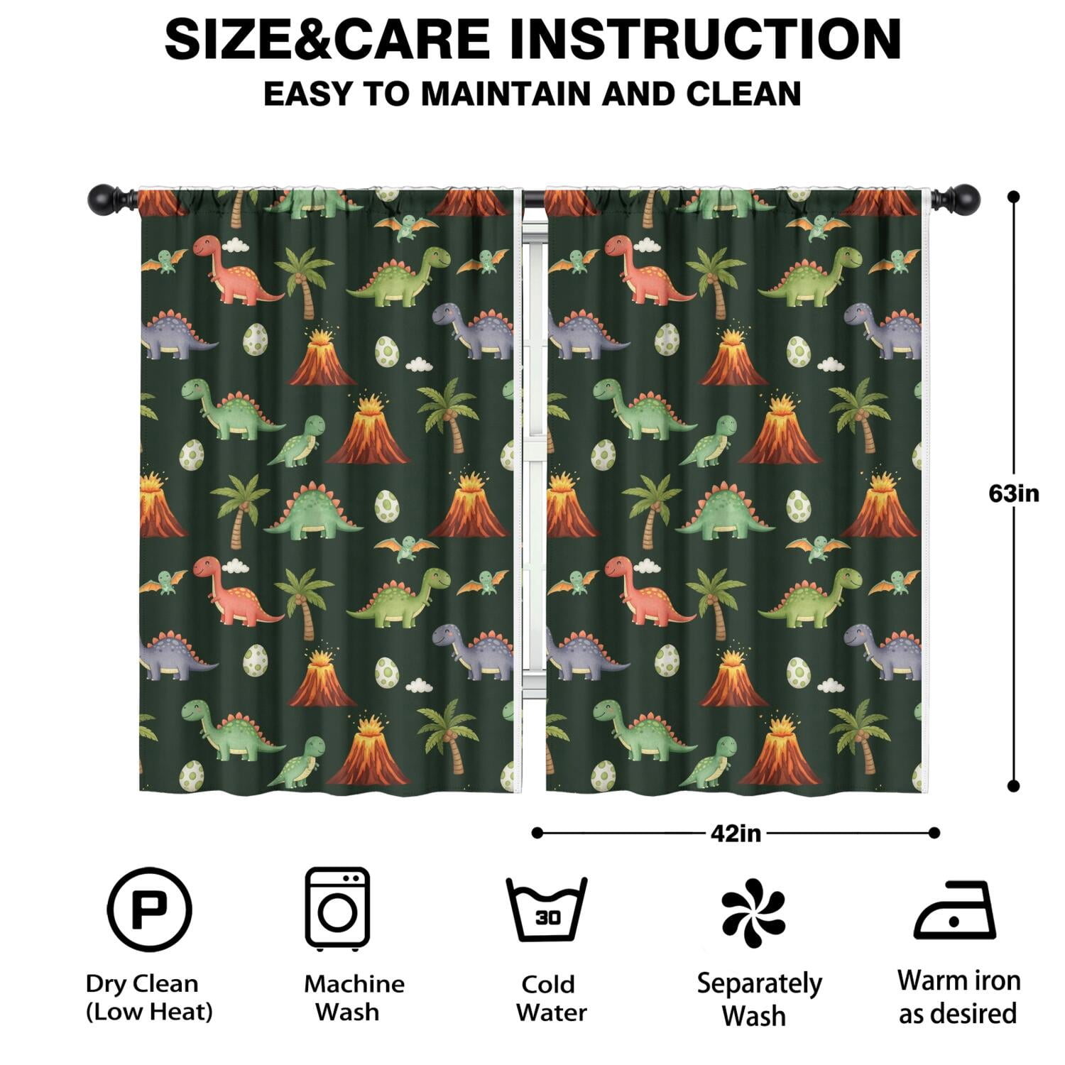Blackout Kids Curtains,Dark Green Toned Dinosaur and Volcano Pattern Childrens Insulated Curtains Set Of 2,Bedroom Essentials,Toddler Room Decor 42"x63"