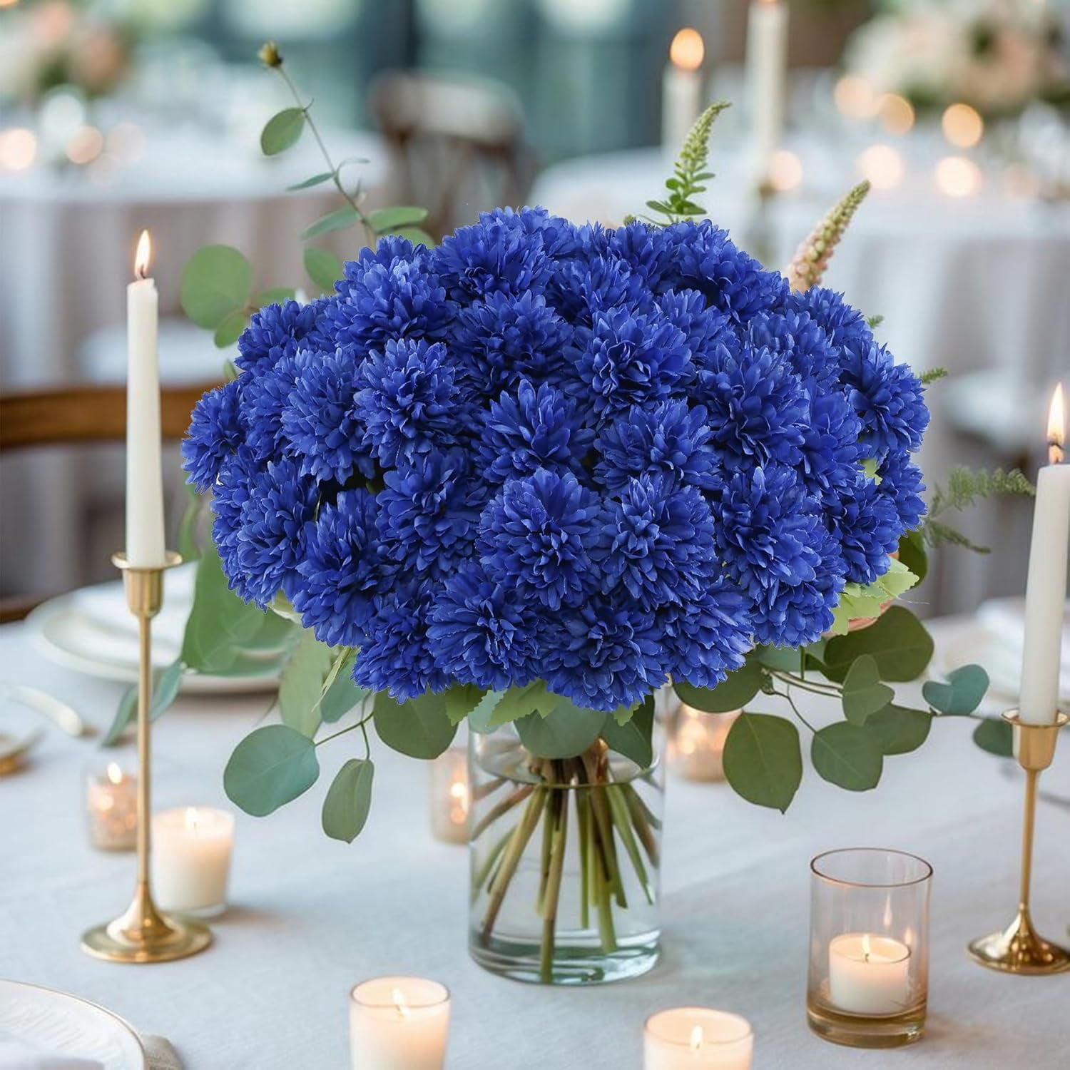 12 Bundle Artificial Mums Flowers Deep Blue, Lifelike Silk Chrysanthemum Bouquet for Outdoor Indoor Vase Wedding Home Decor