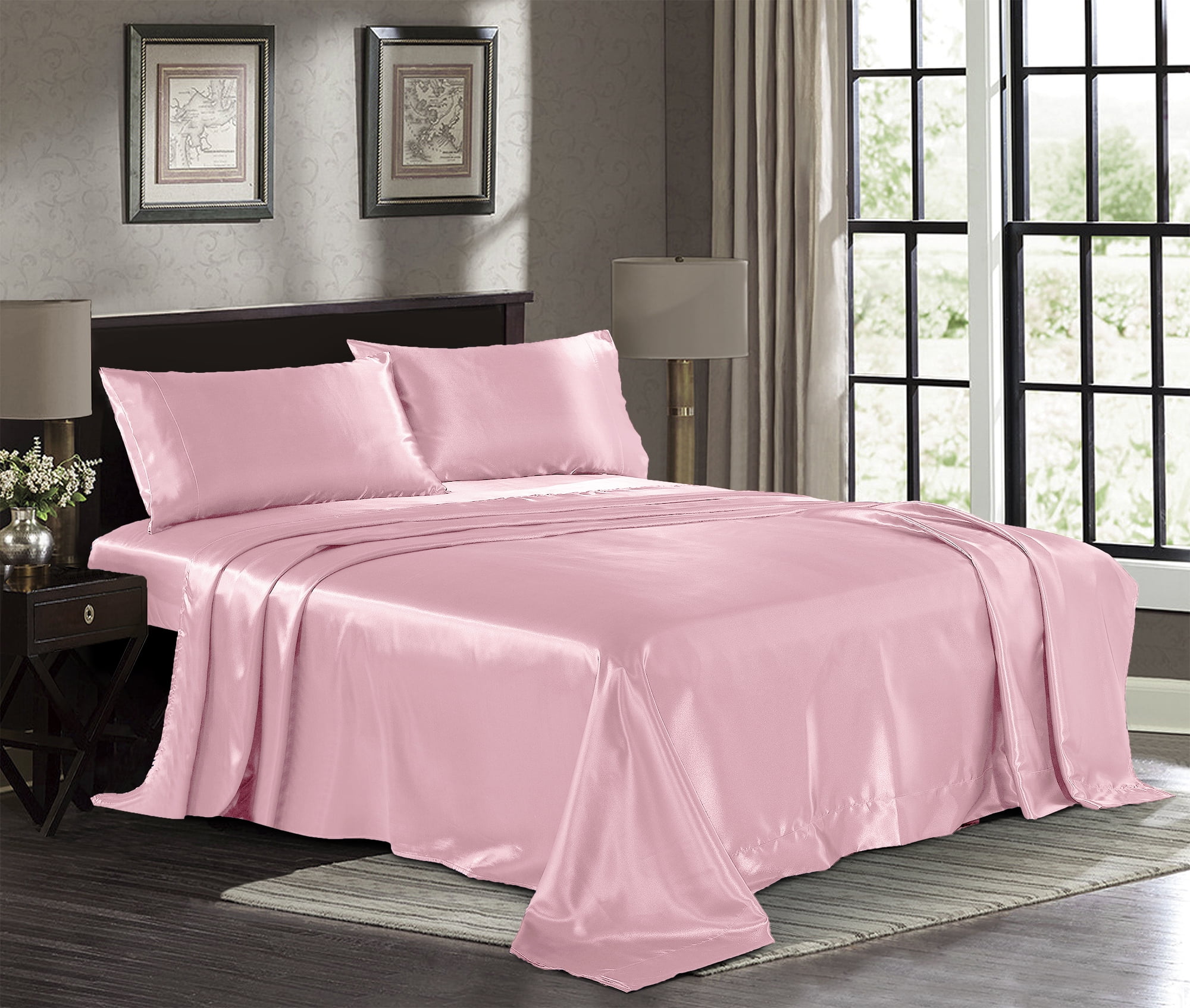 Satin Sheets California King Piece Pink Luxury Silky Bed Sheets
