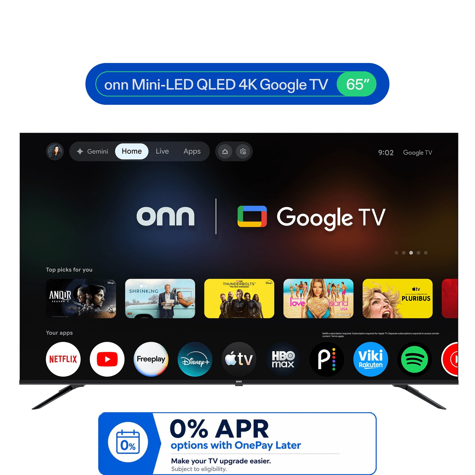 onn 65 in Mini-LED QLED 4K UHD Smart Google TV, 65SMQP4GSB1