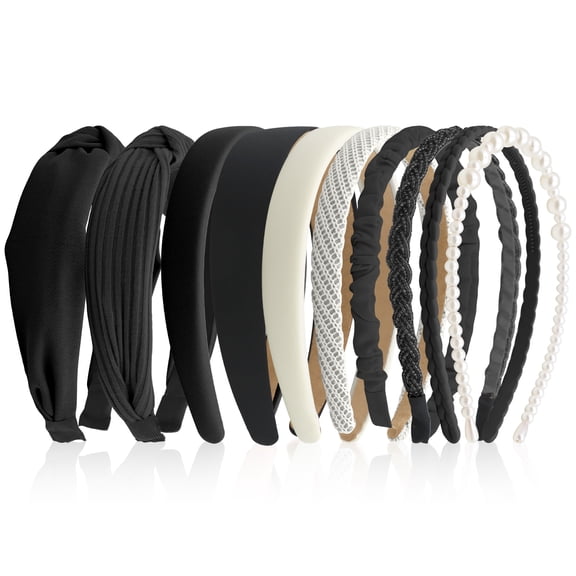 ZYNERY 10 Pack Black and White Headbands for Women, Knotted Padded Pearl Headbands Non-Slip Fashion Hair Accessories Set for Thick Hair, Solid Color Hairbands Multi-style Pack