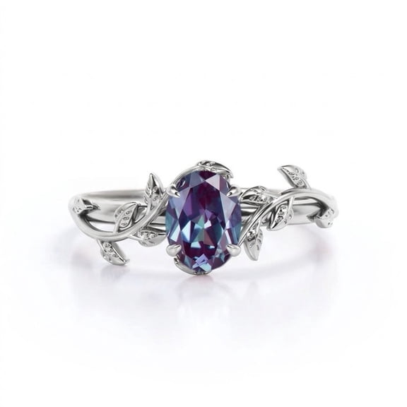JewelryLoversZone Oval Cut Lab Alexandrite Leaf Ring, Sterling Silver Twisted Band, Art Deco Style June Birthstone Engagement Ring Silver 3