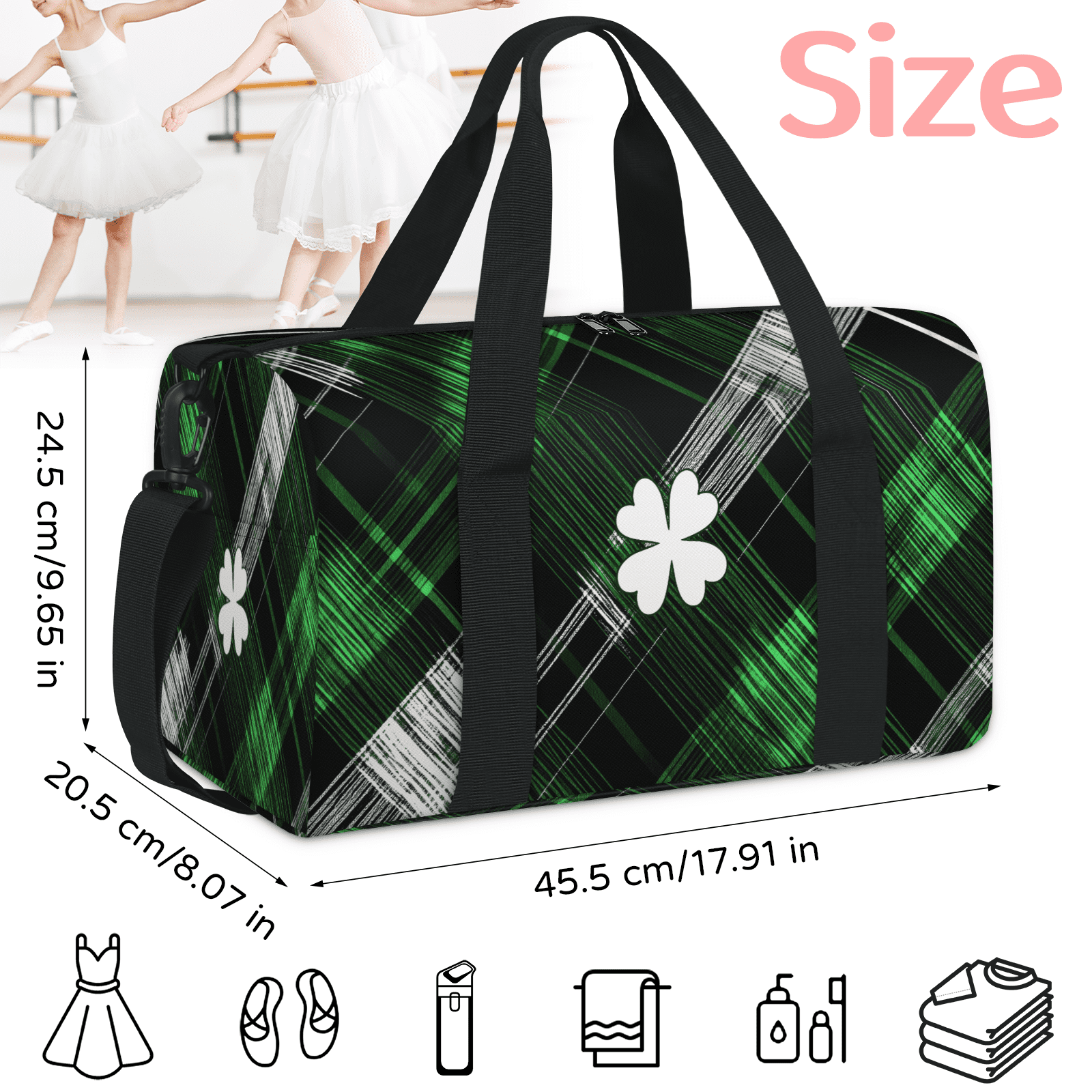 Herdesigns St Patrick's Day Lucky Shamrock Gym Bag for Women, Duffle Bag for Travel Sport, Lightweight Waterproof Carry on Weekender Overnight Dance Yoga Workout Bags