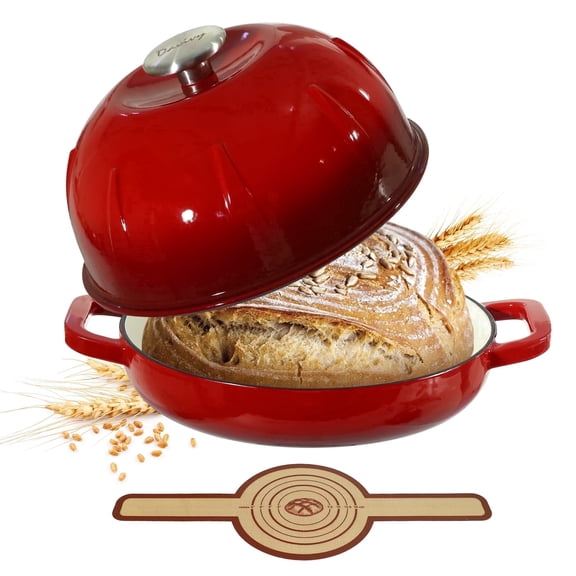 Davivy 5QT Red Glossy Cast Iron Dutch Oven with Lid & Side Handles, Round Enamel Bread Oven for Sourdough & Baking, Silicone Bread Sling Included