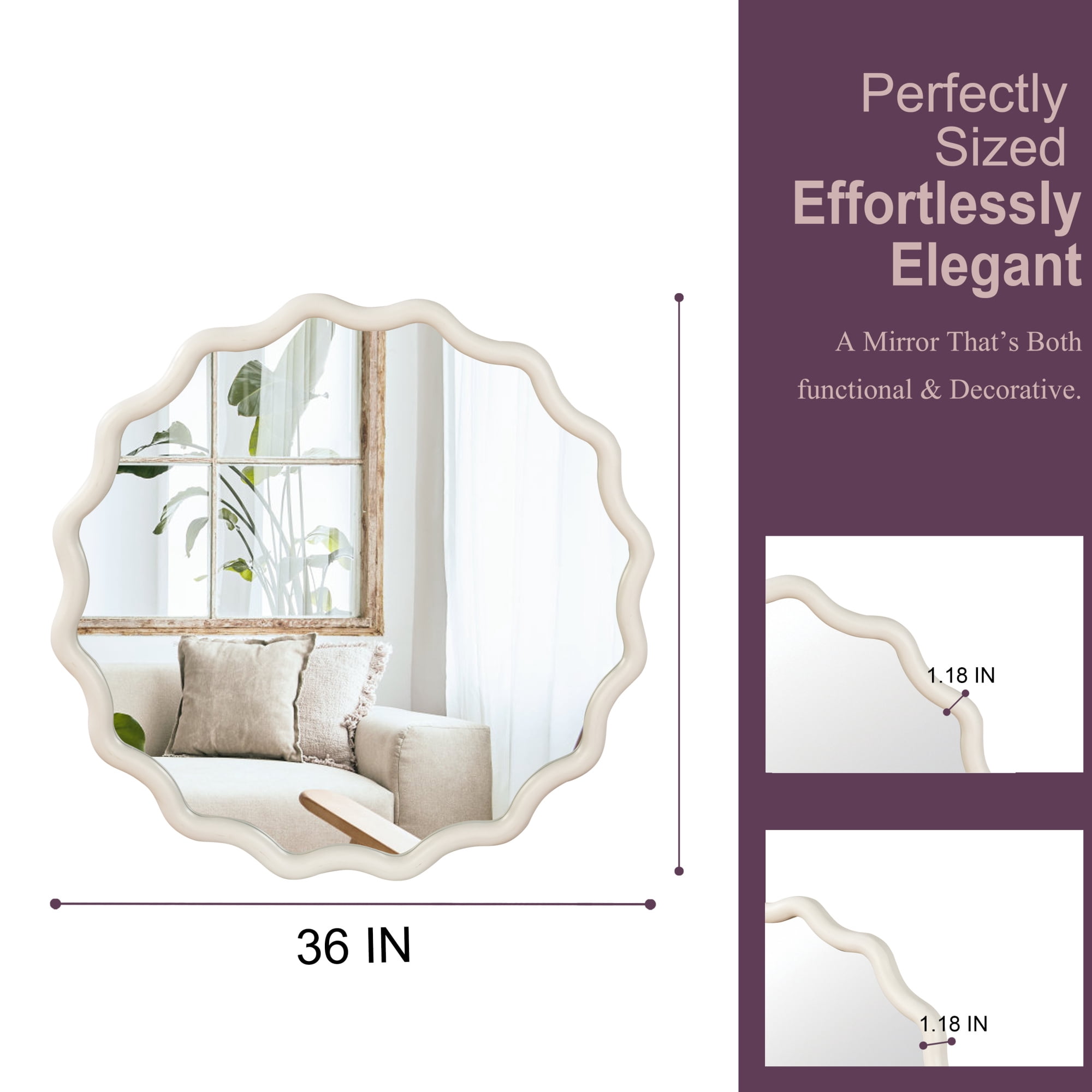 Leumius 36" Wavy Round Mirror, Solid Wood Frame Decorative Mirror for Bedroom Bathroom Living Room Entryway White