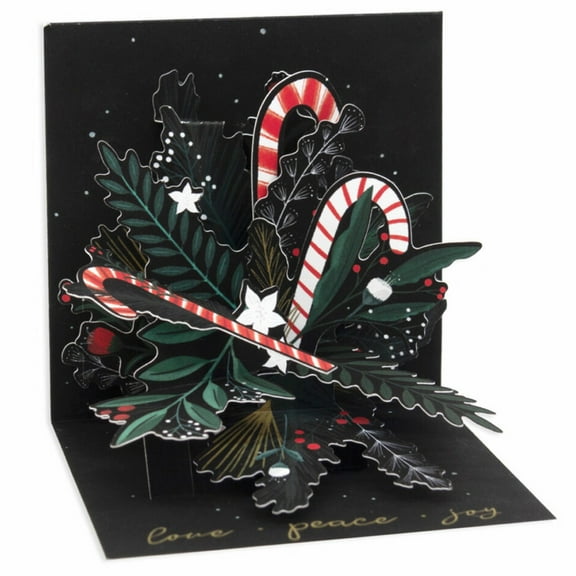 Up With Paper Candy Cane and Holly Bouquet 3-Inch Mini 3D Pop-Up Christmas Card