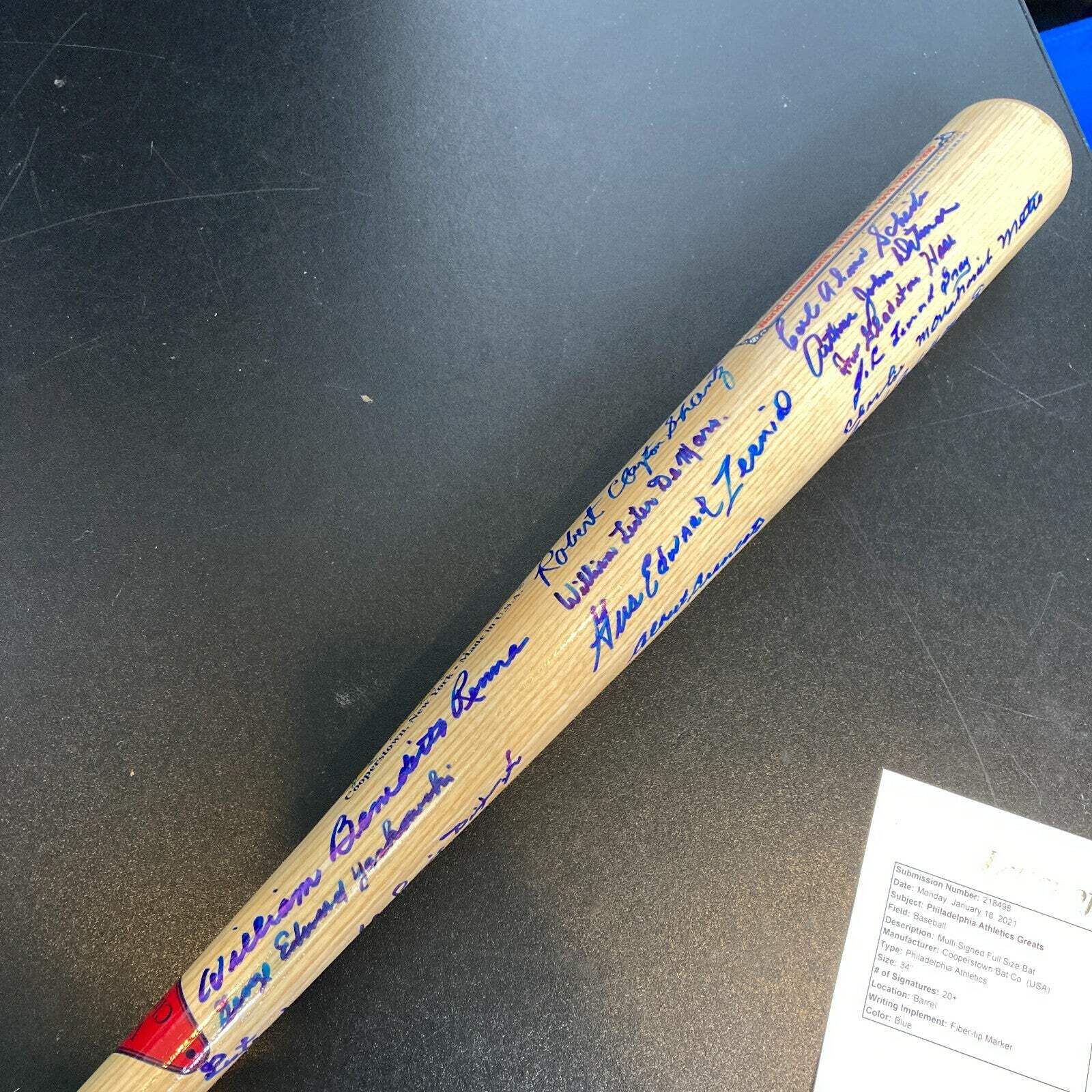 Rare Philadelphia Athletics Legends Full Name Signed Inscribed Bat With JSA COA