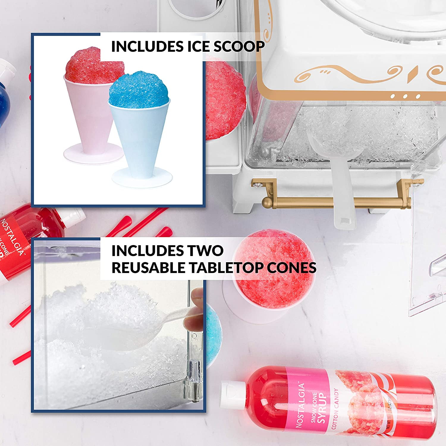 Nostalgia SCM525WH Vintage Countertop Snow Cone Maker Makes 20 Icy Treats, Includes 2 Reusable Plastic Cups & Ice Scoop ? Ice White, 8 Oz