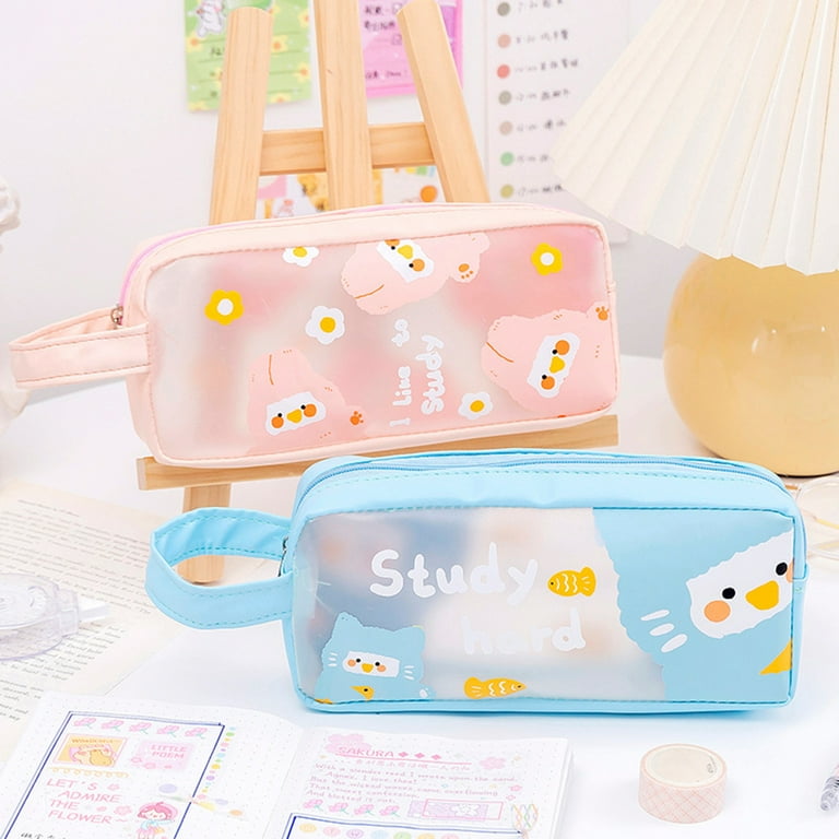 Pencil Pouch Smooth Zipper Translucent Faux Leather Multi functional Pencil Storage Bag for Stationery Blue Faux Leather P