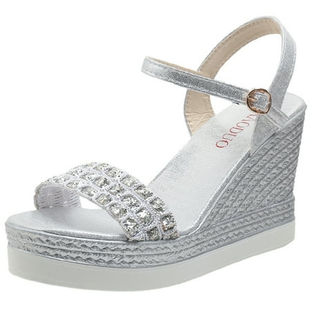 

Gold Silver Glitters Wedge Sandals Women Buckle Strap Chunky Platform Sandles Woman Summer Non-Slip Thick Sole Sandalias Mujer