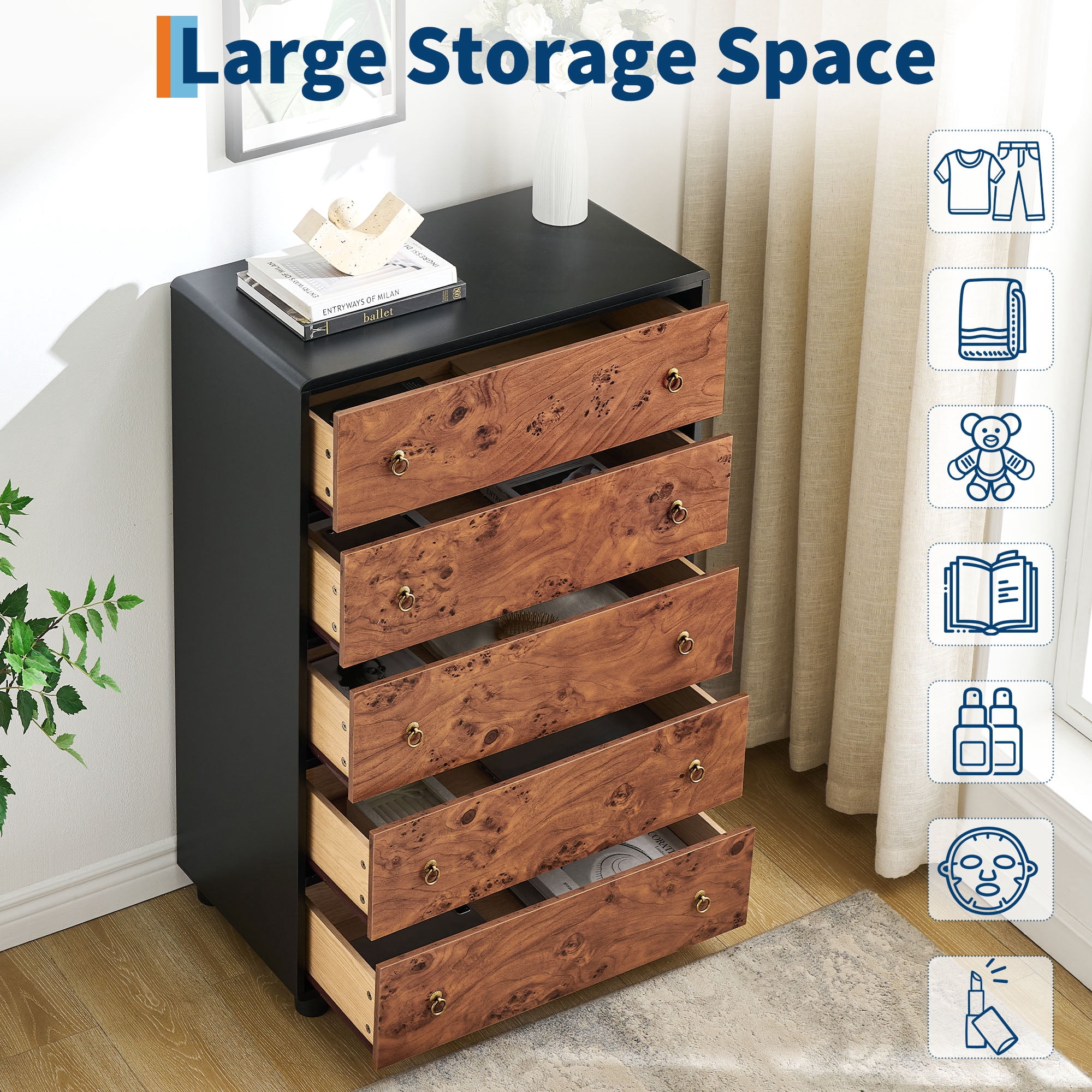 M optimized Modern 5 Drawers Dresser for Bedroom, 46" Tall Dressers & Chests of Drawers w/Curved Profile Design & Vintage Circle Handle, Wood Vertical Dresser for Living Room