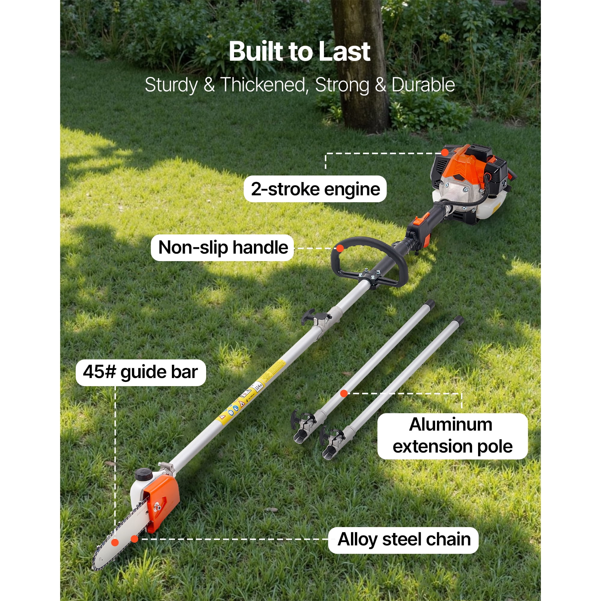 KFFKFF Gas-Powered Pole Saw, 25CC 2-Stroke Engine with 8-Inch Cutting Bar, Cordless Tree Trimmer Featuring 23 fl.oz Fuel Tank, Adjustable Length from 6.5 to 9 ft, Efficient Chainsaw for Pruning