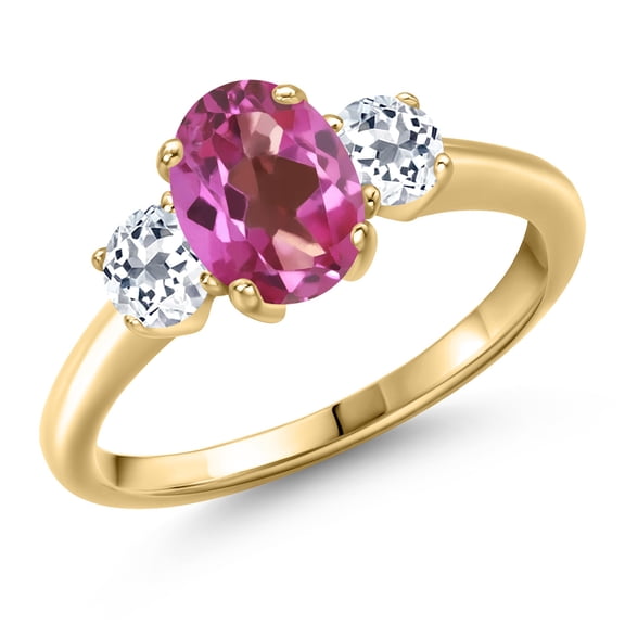 Gem Stone King 10K Yellow Gold Pink Mystic Topaz and White Topaz Engagement Ring for Women | 1.96 Cttw | Oval 8X6MM | Gemstone November Birthstone | Size 7