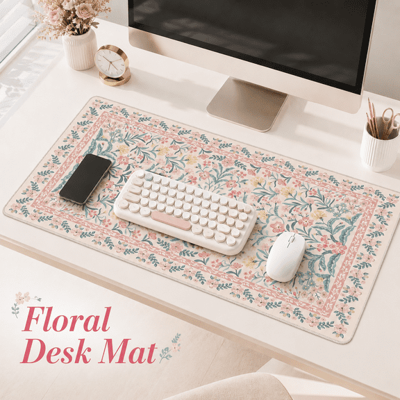 MEYRKLOE Pink Floral Desk Mat, XXL Large Mouse Pad, 35.4 x 15.7 Inch, Anti-Slip Big Mousepad with Stitched Edges, Keyboard Mouse Pad for Desk