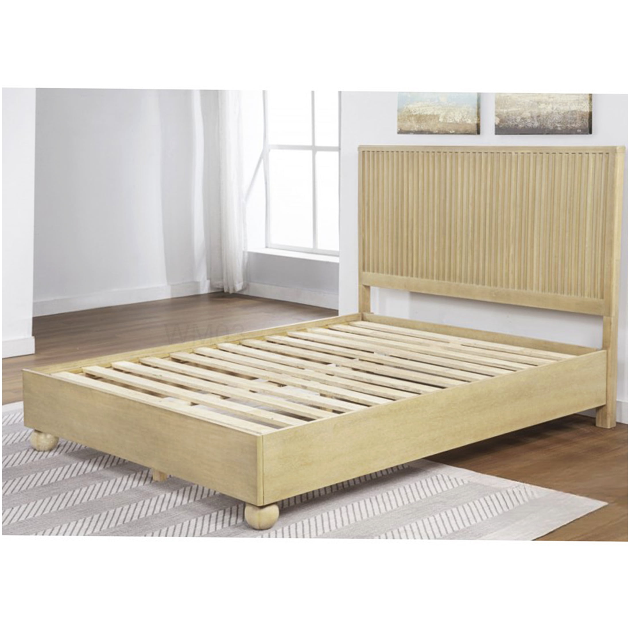 Platform Bed Frame King Size with Fluted Detail, Light Oak Finish, Underbed Storage Space