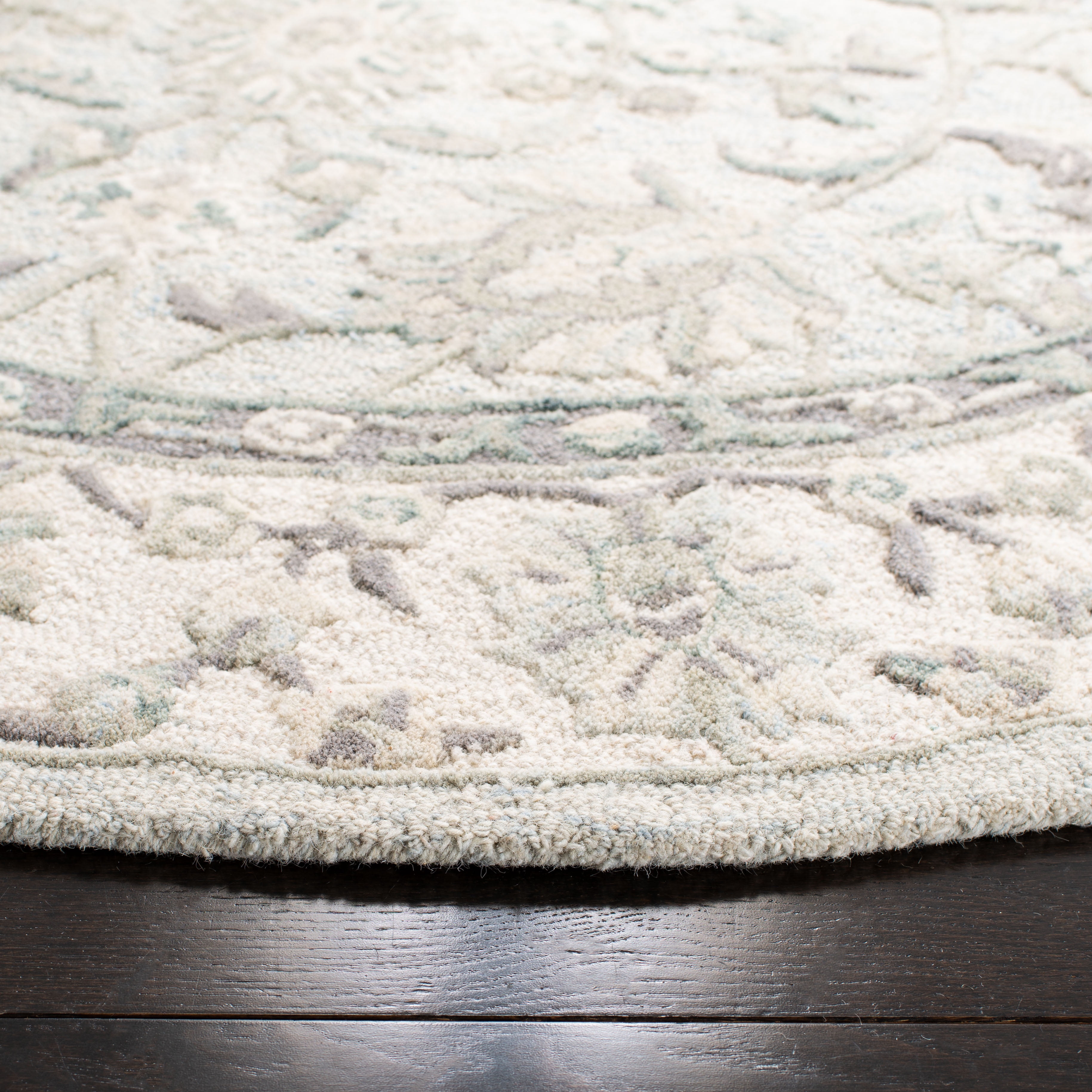 SAFAVIEH Glamour Pierce Floral Bordered Wool Area Rug, Light Blue/Ivory, 6' x 6' Round