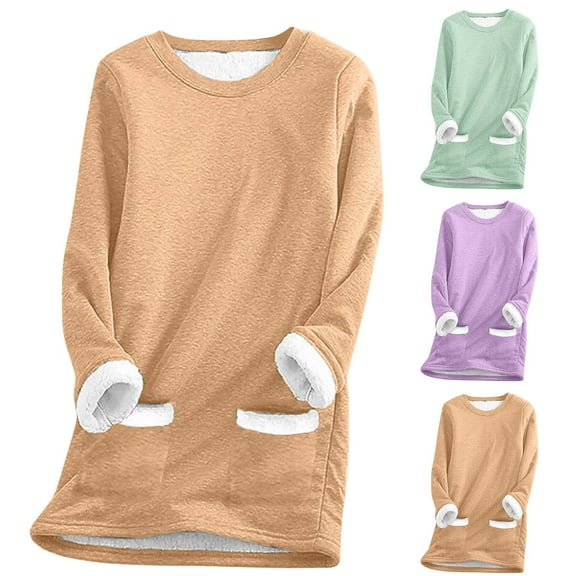 Feancey Tunic Sweatshirts for Women Fleece Lined Crewneck Pullover Tops Solid Color Long Sleeve Thermal Underwear Cozy Soft Christmas Pajamas with Pockets Green S