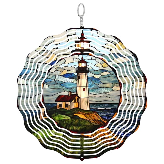 Ocean Lighthouse Metal Wind Spinner, Blue Green Kinetic Yard Panel