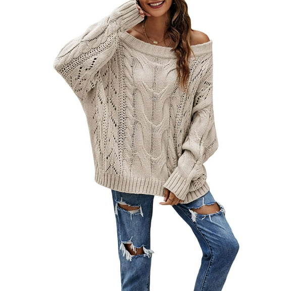 Women Off Shoulder Sweater Long Sleeve Knit Sweater Loose Pullover Jumper Tops Khaki L