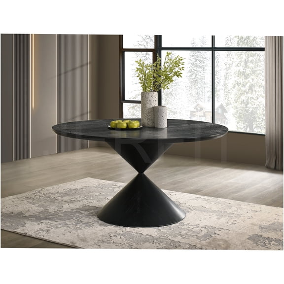 JERFIT 59-inch Round Pedestal Dining Table with Hourglass Base, Ebony Black Finish for Modern Dining Room