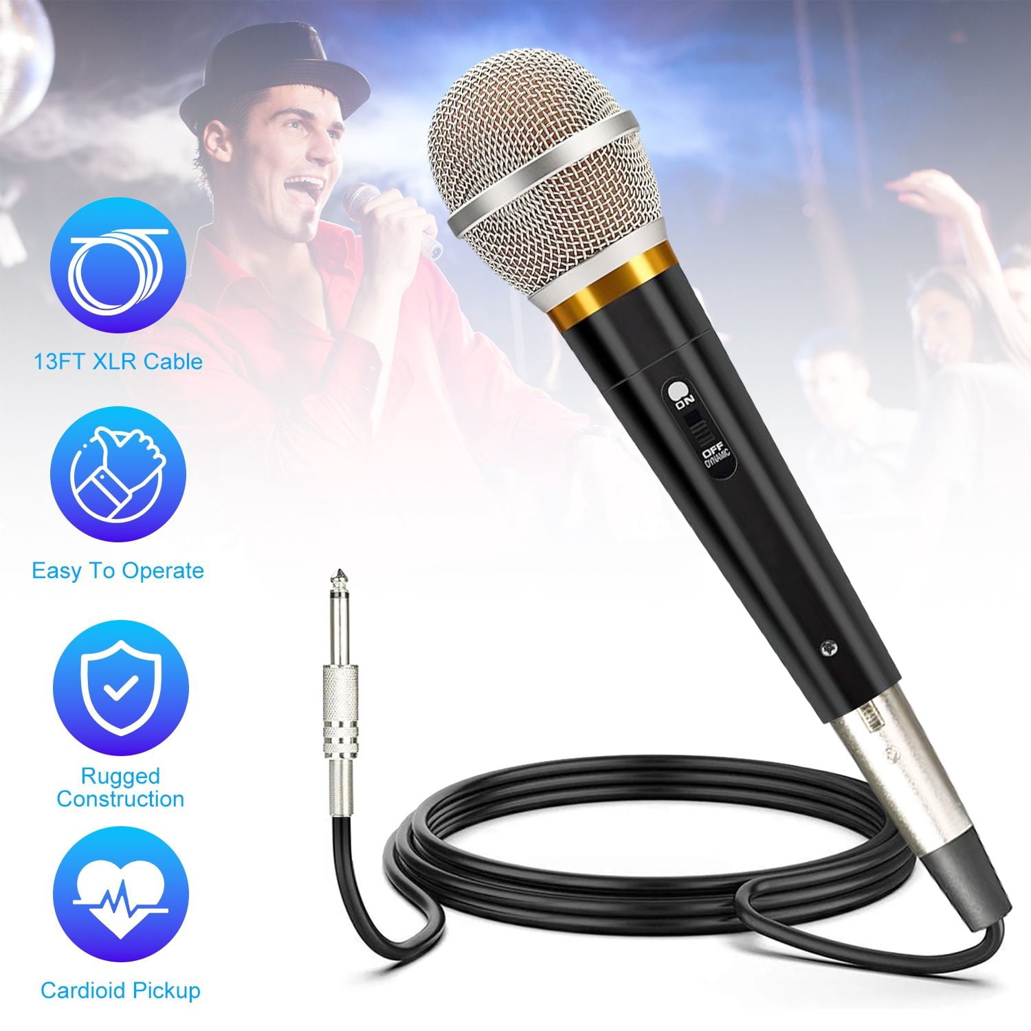 Handheld Dynamic Microphone, Wired XLR Microphone with On/Off Switch 13ft Detachable XLR Cable Professional Studio & Live Performance Cardioid Mic for for Karaoke Vocals Podcasting Recording
