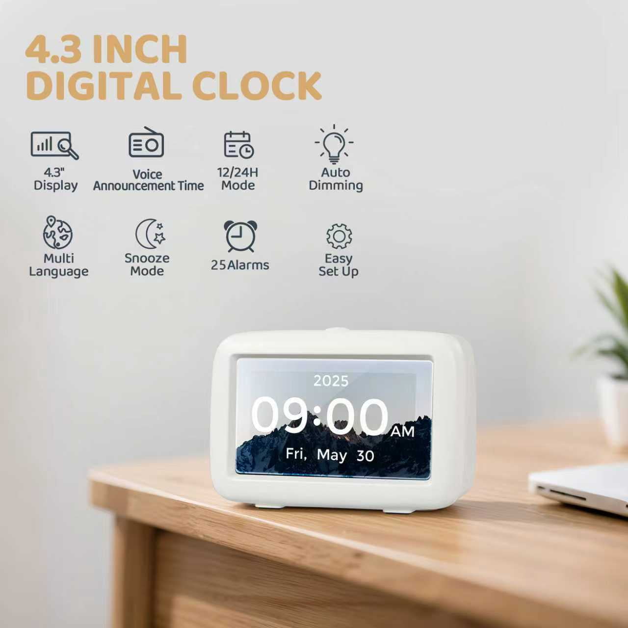 Mitoart 4.3" Small Digital Alarm Clock for Bedroom with Multiple Alarms and Voice Announcement Time, White