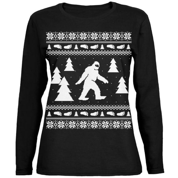 Sasquatch Ugly Christmas Sweater Black Ladies Long Sleeve T-Shirt - X-Large