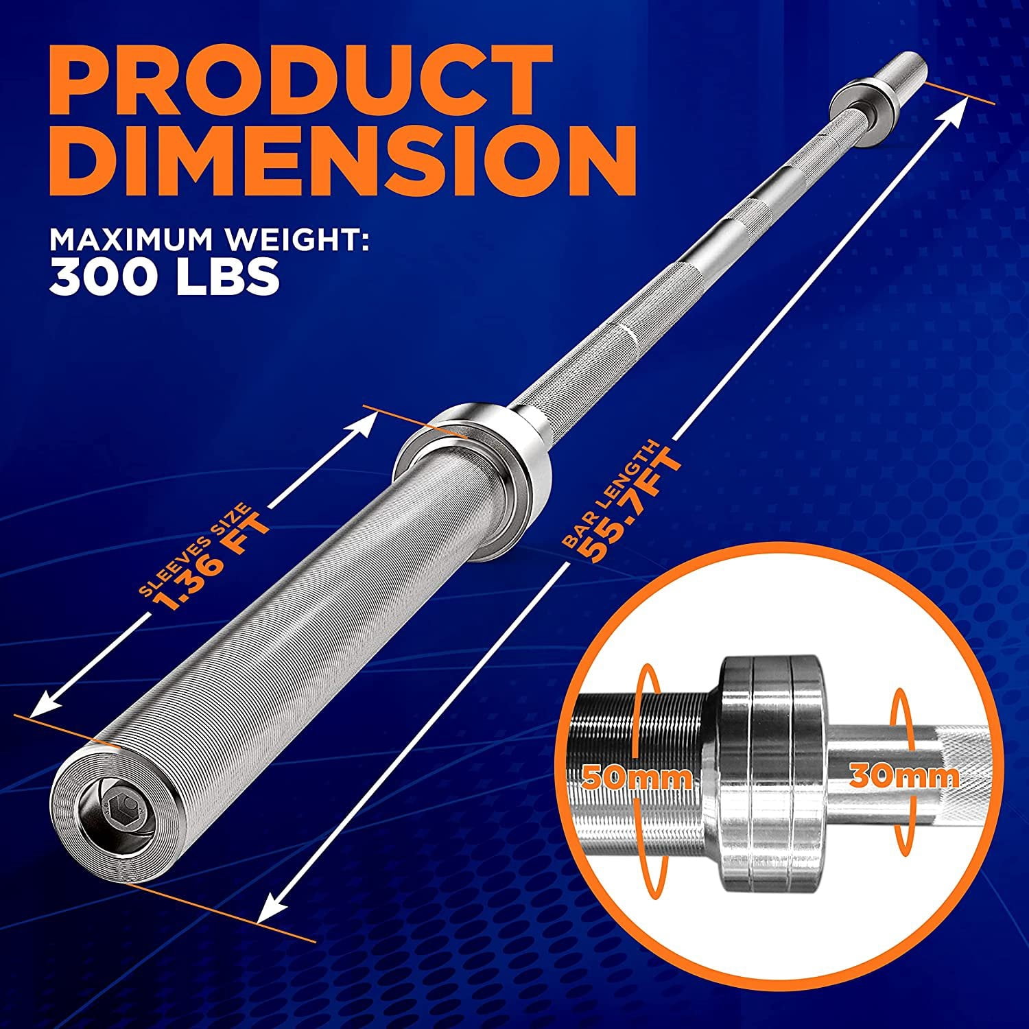 SereneLife Olympic Chrome Barbell Bar 7 Ft Weight Straight Solid Iron Weighted Workout Bar W/ Clips