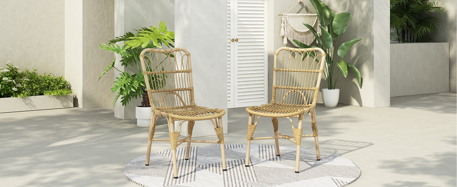 Euroco Outdoor PE Wicker Patio Dining Chairs Set of 2,Outdoor Rattan chairs for Backyard,Poolside,Garden, NATURAL