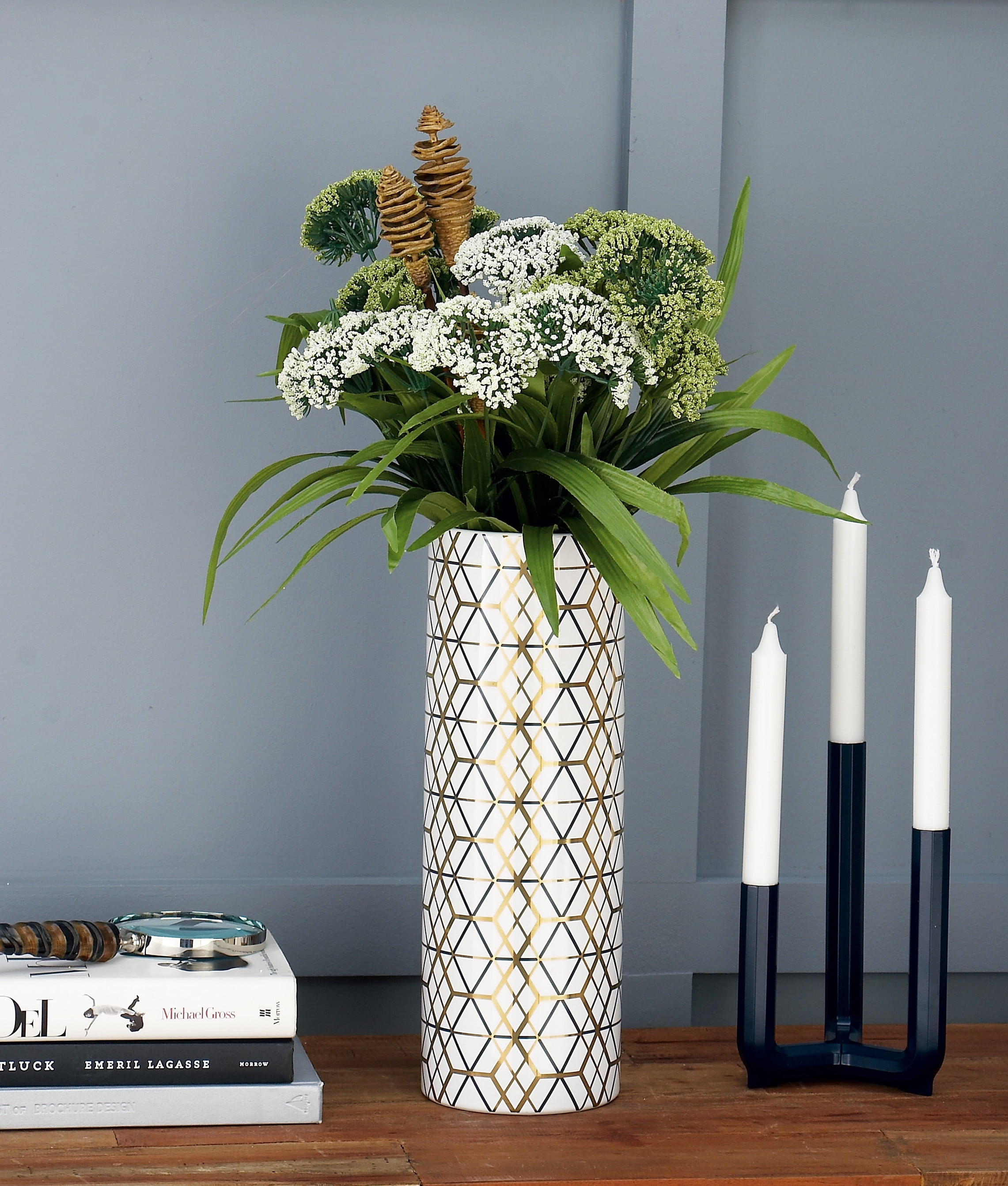 Cosmoliving By Cosmopolitan Tall White Cylinder Vases With Black Gold Eclectic Patterns Set Of 2 5 X 14 Each Walmart Com Walmart Com