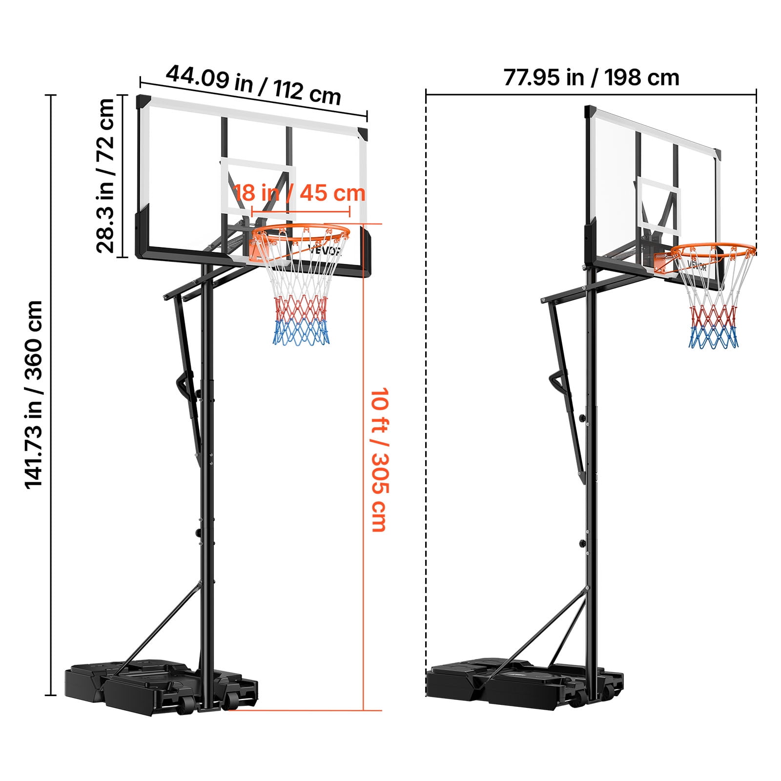 VEVOR Portable Basketball Stand, 5.25 to 10 ft Height Adjustment Basketball Hoop & Goal, Portable Basketballs Hoop with 44 inch PC Backboard & Wheels for Kids, Teens, Adults in Driveways, Pools