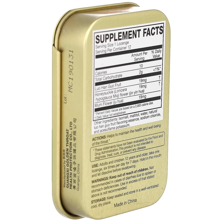 Golden Throat Lozenge Herbal Supplement (Luo Han Guo Flavor) 12 Lozenges -  Walmart.com